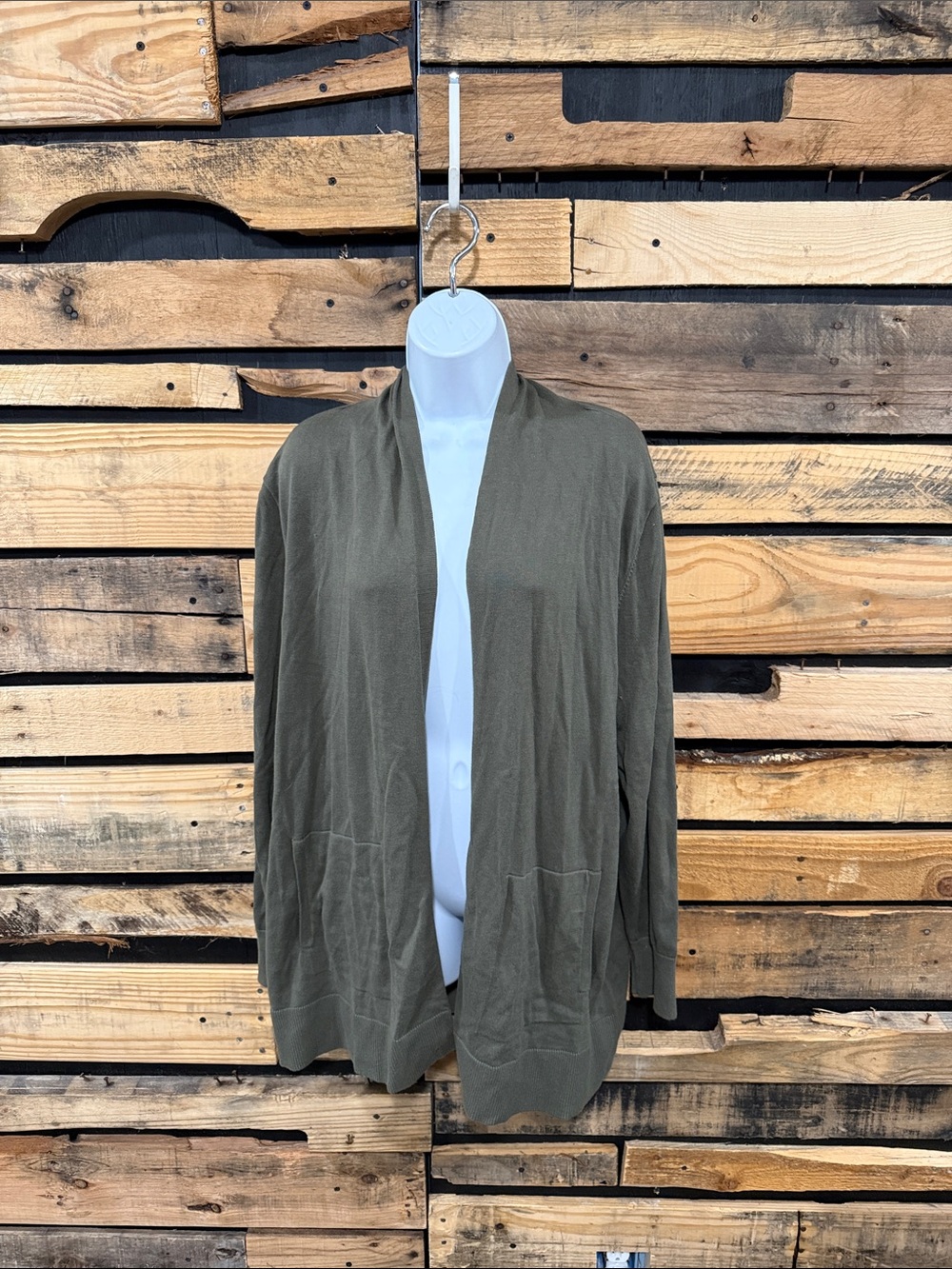 Lands’ End Women’s Olive Green Open Front Knit Cardigan With Pockets Size 1X